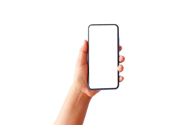 在线一个手持现代手机和白色屏幕的女人 背景是白色的社交手机手