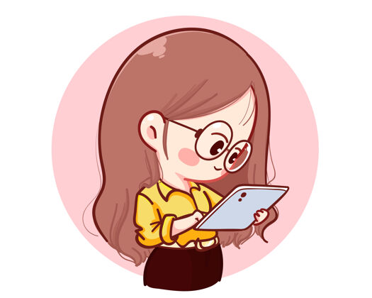阅读美丽的年轻女商人检查她的平板电脑卡通插图展台人经理