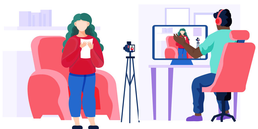 电脑穿红毛衣的女孩站在椅子旁边信息技术卡通