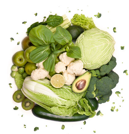 维生素绿色蔬菜白色背景上的绿色蔬菜和水果组套装沙拉自然