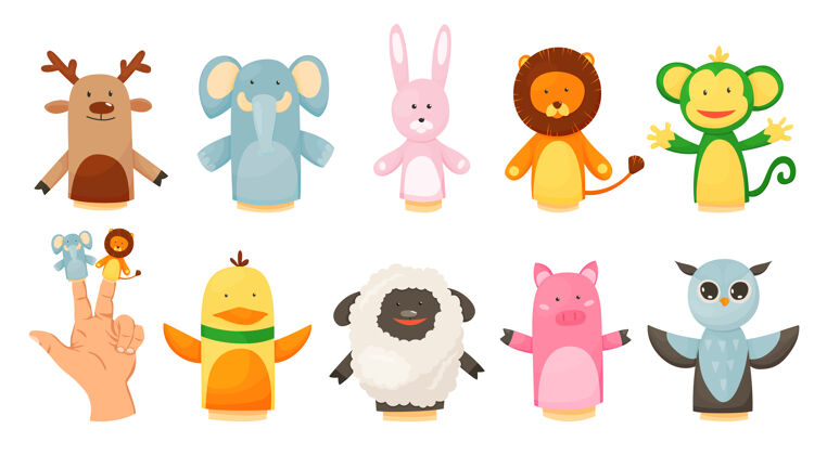 大象手或手指玩偶玩偶集合插画设计收藏猪童话