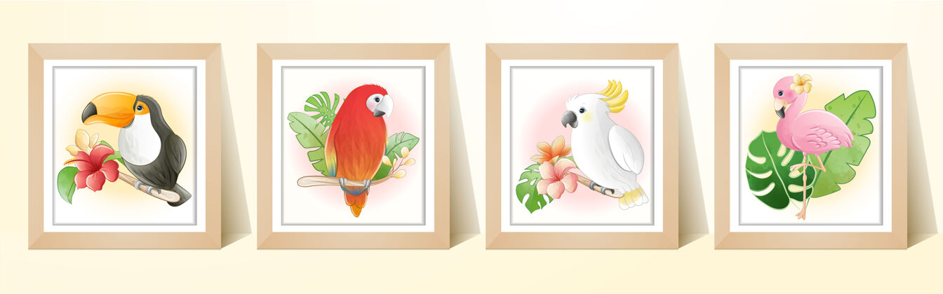 装饰水彩可爱的卡通热带鸟与框架人物火烈鸟水彩
