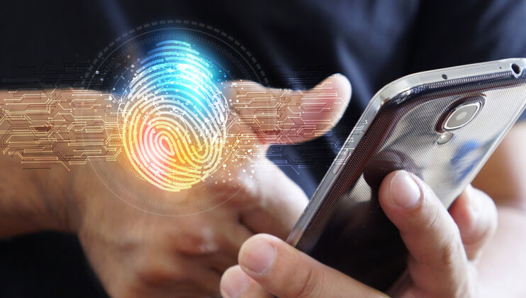 系统通过指纹扫描登录技术.指纹确定个人安全系统概念Id识别扫描仪