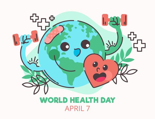 心脏手绘世界卫生日插图与行星和哑铃医疗保健世界卫生日星球