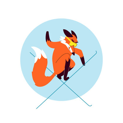 滑雪跳跃穿黄色滑雪镜的卡通狐狸极限滑雪自由式滑雪跳卡通狐狸运动