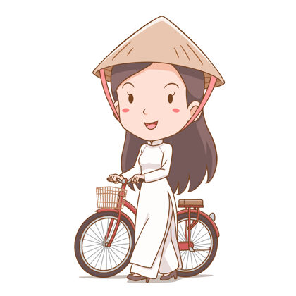 衣服越南传统服装女孩骑自行车的卡通形象角色自行车丝绸