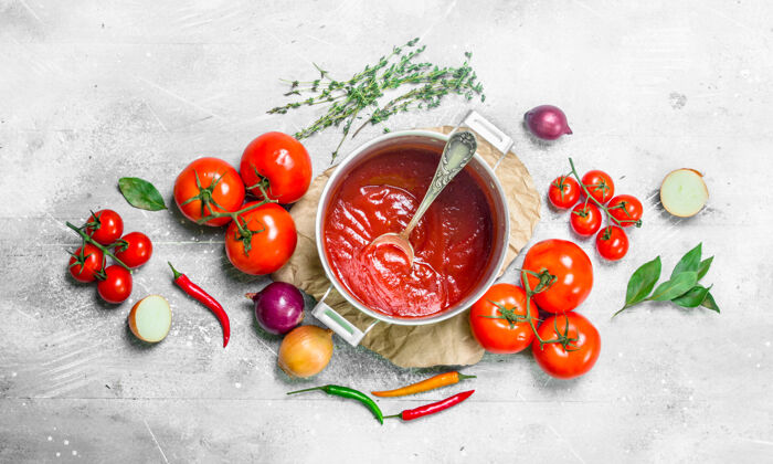 食物西红柿酱放在一盆香草和新鲜西红柿里营养番茄酱礼服