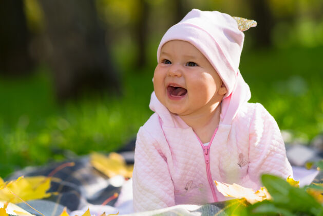玩耍在一个秋天的公园里 一个笑容灿烂的女婴在草地上的毯子上玩耍 这是一幅坦率的肖像公园计划生育肖像