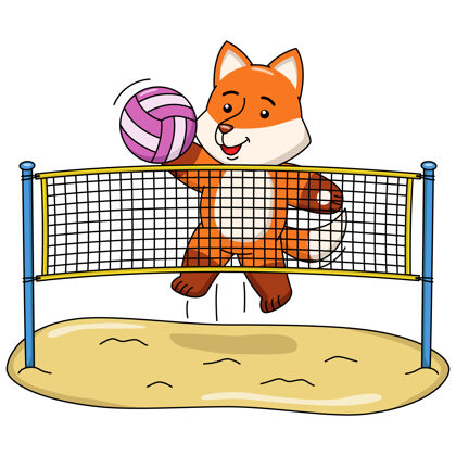 卡通狐狸打排球的卡通插图动物插图排球