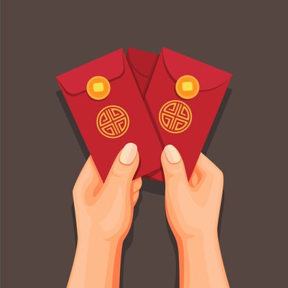亚洲手里拿着信封上的昂宝钱 庆祝中国新年丰富红包新年