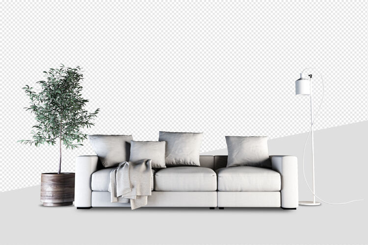 室内设计沙发的前视图在三维渲染沙发实体模型装饰