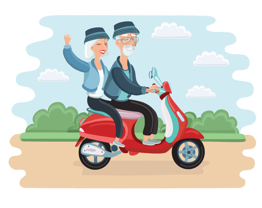 摩托车手爱冒险的成熟夫妇骑着摩托车旅行城市男人