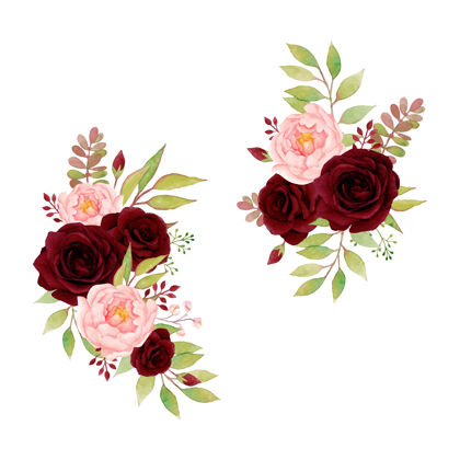 花卉红玫瑰和牡丹的美丽插花水彩植物浪漫