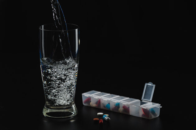 药盒一杯水和药丸整理止痛药玻璃