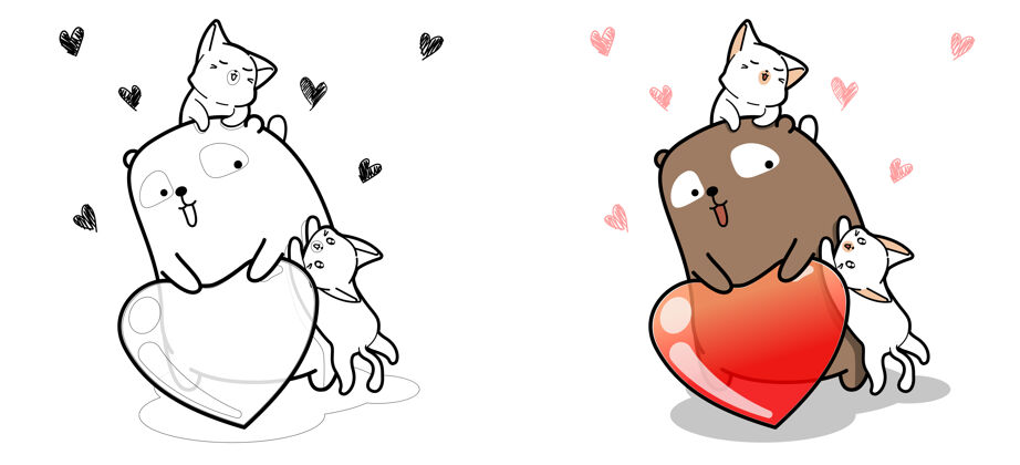 涂鸦可爱的猫和果冻心卡通彩页熊爱可爱