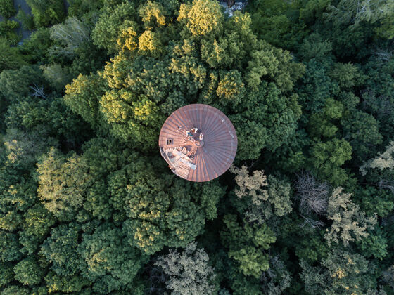 环境保护鸟瞰无人驾驶飞机在绿树和古老的圆形屋顶上与人们共度夏日环境羽绒常绿