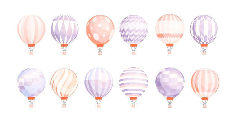 携带一捆不同质地和颜色的圆形热气球隔离在白色背景上冒险飞艇各种