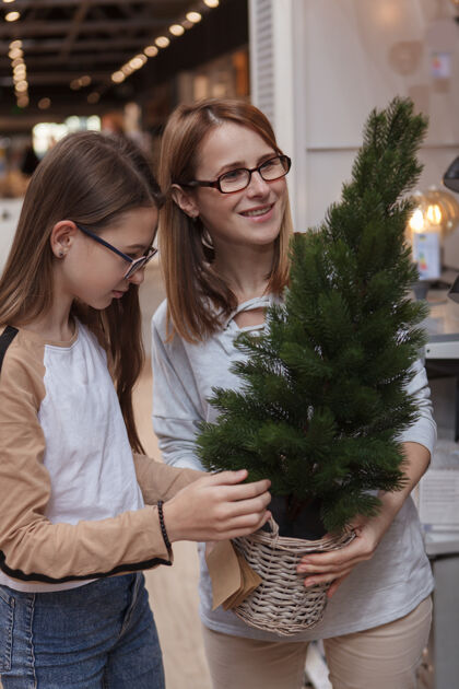 家具一对母女在家居用品商店购买盆栽圣诞树的垂直镜头年轻父母购物