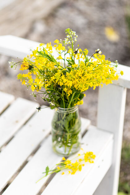 季节一束黄色的野花放在白色木凳上的瓶子里 夏天的概念明亮灯光长凳