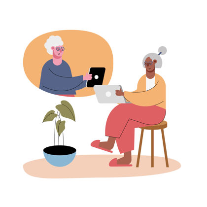 手机老妇人用视频技术打电话的人物插图退休笔记本电脑成人