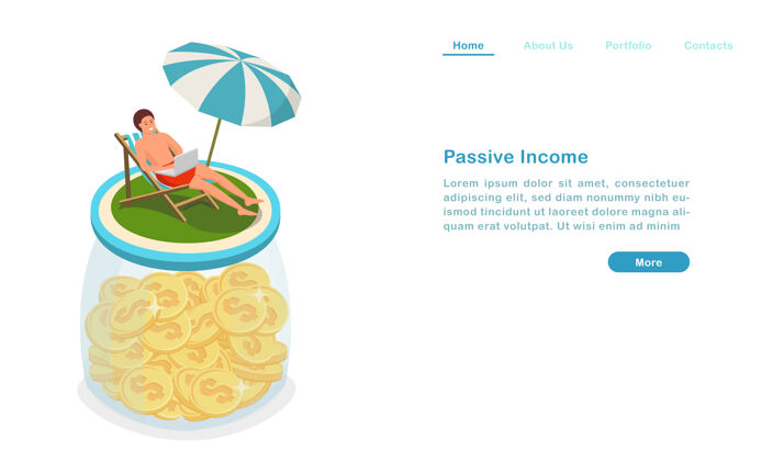 促销网站登陆页面模板卡通被动收入概念赚钱同时享受假期度假黄金伞
