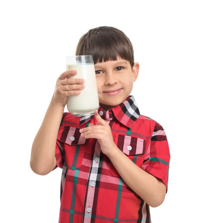牛奶小男孩 白色的牛奶早餐肖像男孩
