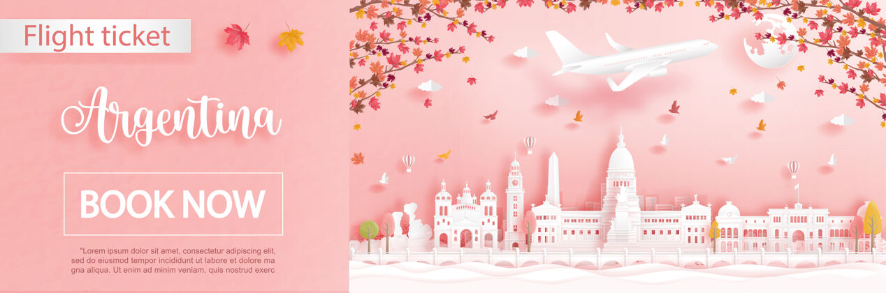 阿根廷航班和机票广告模板与旅游布埃诺艾利斯 阿根廷在秋天的季节与枫叶和著名的地标在剪纸风格全景飞行飞行