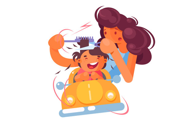 手发廊里的孩子插图.儿童理发师和快乐的小男孩在玩具橙色车里头发公寓人