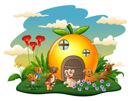 假日五只兔子的橙色房子卡通风格幻想之家草户外