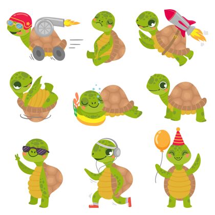 爬行动物乌龟孩子可爱小绿龟吉祥物 快火箭龟和睡龟插图集耳机庆祝乌龟