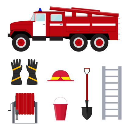 灭火器消防专业设备工具.平面设计风格汽车卡车平板