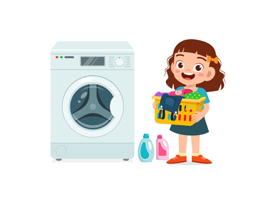 年轻快乐可爱的孩子用洗衣机洗衣服洗衣机可爱家务