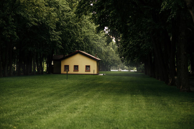 草雨天公园草坪上的木屋 没人小屋在草地上 安静的地方 仙境 童话般的建筑自然风景草地