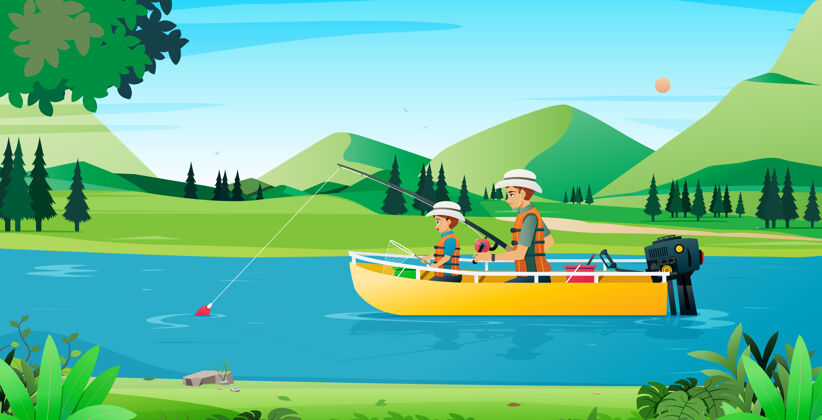 渔民父子俩在一条以山为背景的船上钓鱼河鱼自然