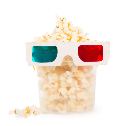 眼镜纸条纹桶爆米花和3d眼镜隔离在白色背景与剪辑路径美味杯子电影院