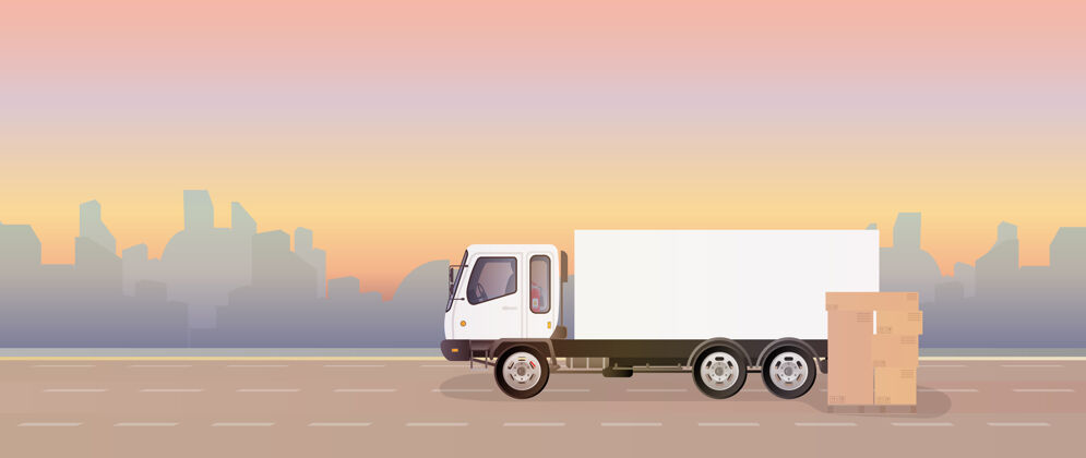 运输带箱子的卡车和托盘一辆卡车停在地上道路.纸箱盒子货物交付和装载的概念服务汽车木材