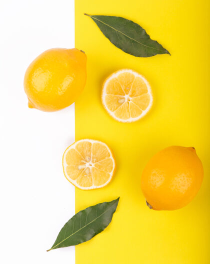 杂货创意布局柠檬扁的下等食物概念切割明亮美味