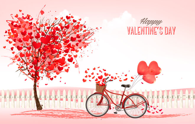 背景情人节背景是一棵心形的树和一辆自行车浪漫多彩礼物