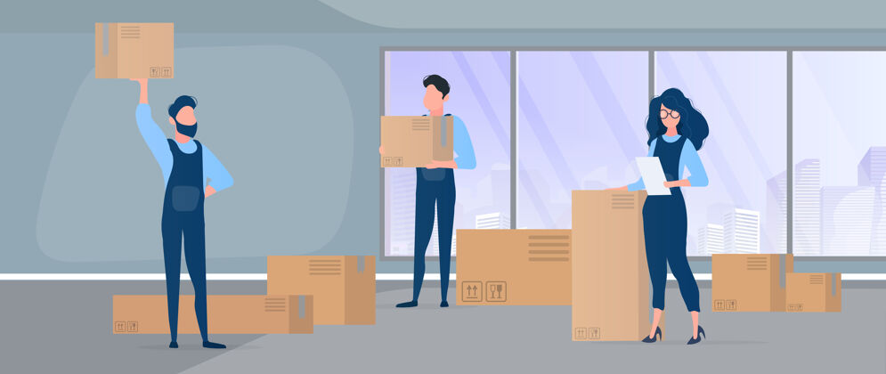计算机移动家庭办公室迁移到新的位置.移动器携带盒子运输和交付货物的概念物品物流家具