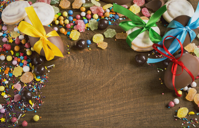 木头背景木制背景上的糖果 饼干 巧克力蛋 棒棒糖的顶视图顶视图自由文本空间丝带