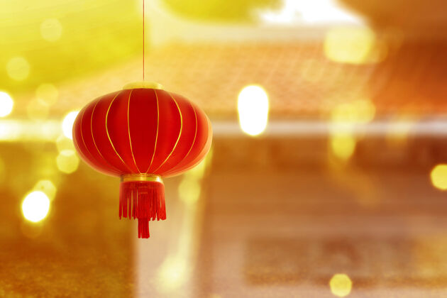 节日墙上挂着中国灯笼 灯光模糊照明传统东方