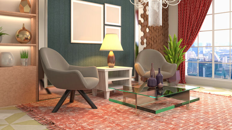 3d客厅内部的插图公寓生活沙发