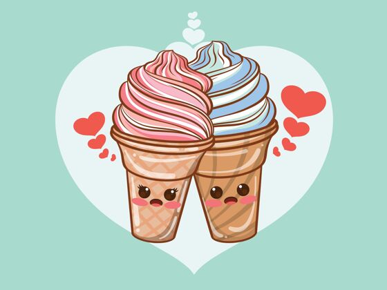 食物可爱的冰淇淋情侣概念.卡通!食物 卡通 冰淇淋 可爱 脸 情侣 朋友 蛋卷 卡哇伊