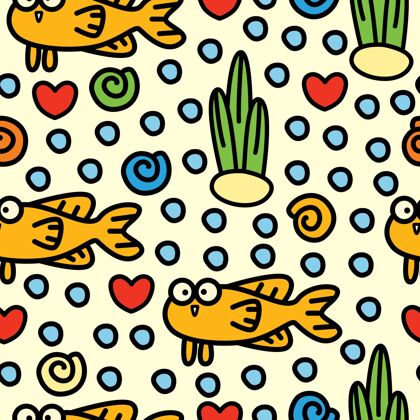 动物卡通鱼涂鸦的无缝图案设计泡泡海洋生物无缝模式