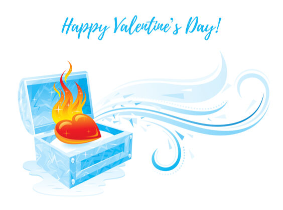爱情人节快乐贺卡与冰盒和燃烧的心浪漫蓝色冰