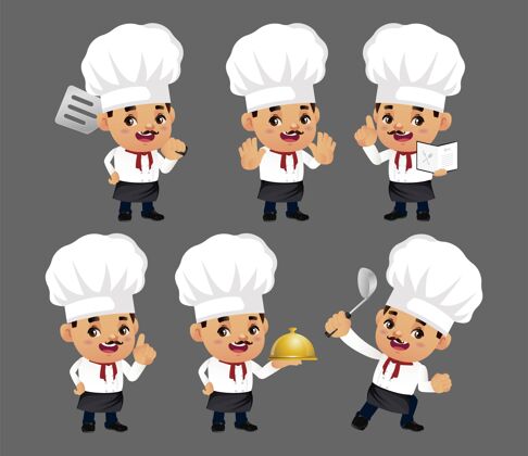 餐厅一组不同姿势的厨师卡通烹饪厨师