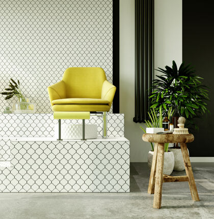 沙龙现代化的美容院内部 白色瓷砖墙壁和地板 黄色的美甲椅室内椅子地板