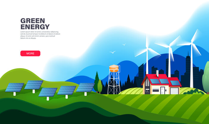 水塔替代能源登录页模板与太阳能电池板和风力涡轮机替代能源绿色能源自然