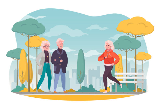配偶老年人户外卡通构图与健步如飞的情侣活跃的老年妇女在秋天慢跑的城市景观天空城市老年