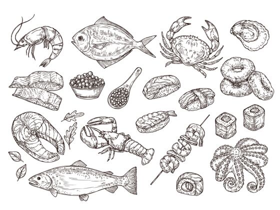 海洋手绘海鲜天然牡蛎鱿鱼 鱼子酱日本料理蟹海鲜贝类